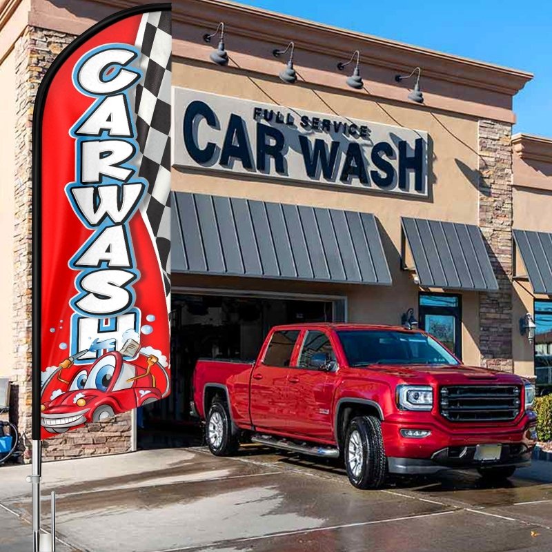Car Wash Signs - 11FT Windless Car Wash Feather Flag with Aluminum Alloy Flagpole Kit(3.4m)