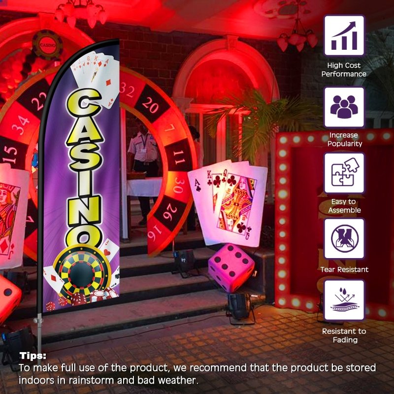 Casino Flag - 8FT Casino Banner Feather Flag with Stainless Steel Pole Kit(2m flag set)