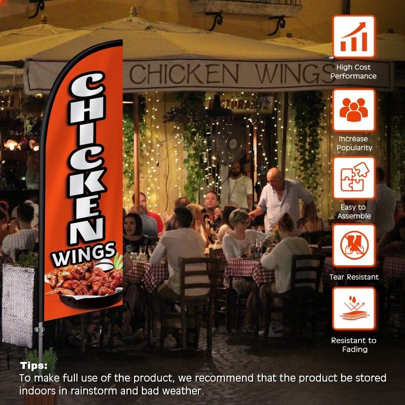 Chicken Wings Sign - 8FT Chicken Wings Feather Flag with Stainless Steel Pole Kit(2m flag set)