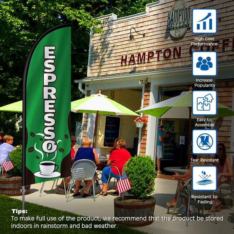 Coffee House Sign - 8FT Espresso Banner Feather Flag with Stainless Steel Pole Kit(2m flag set)