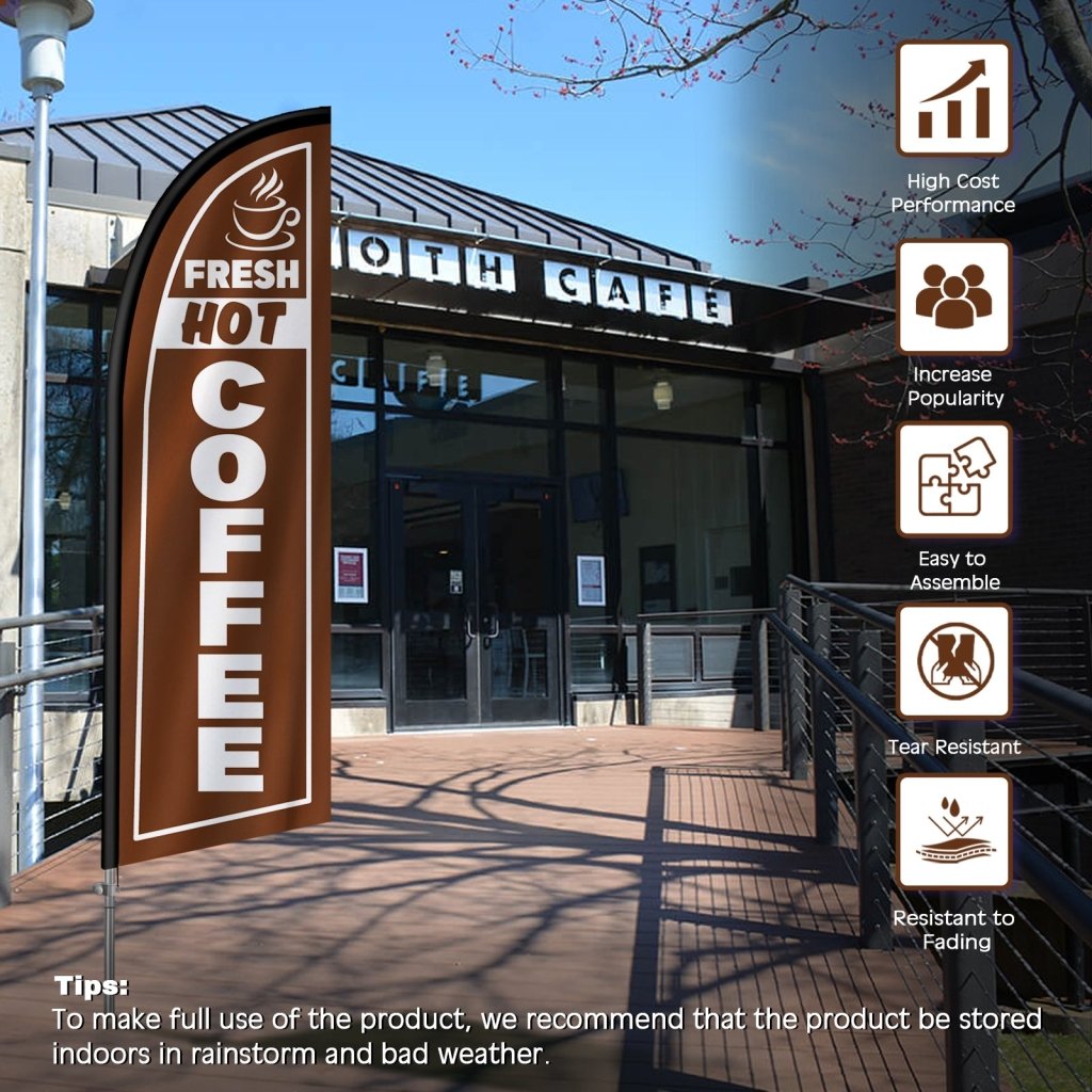 Coffee House Sign - 8FT Fresh Hot Coffee Feather Flag with Stainless Steel Pole Kit(2m flag set)