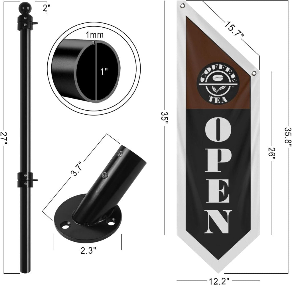 Coffee Open Flag, Double - Sided Three - ply Hanging Open Sign with Pole and Mounting Kit（Black - B）