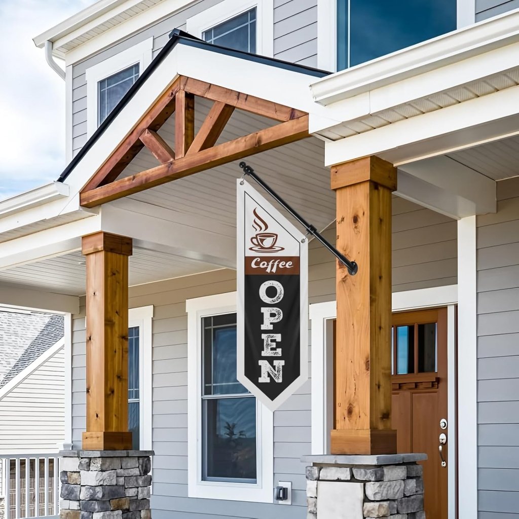 Coffee Open Flag, Double - Sided Three - ply Hanging Open Sign with Pole and Mounting Kit（Black - B）