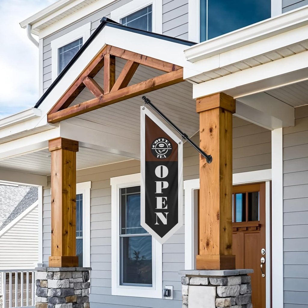 Coffee Open Flag, Double - Sided Three - ply Hanging Open Sign with Pole and Mounting Kit（Black - B）