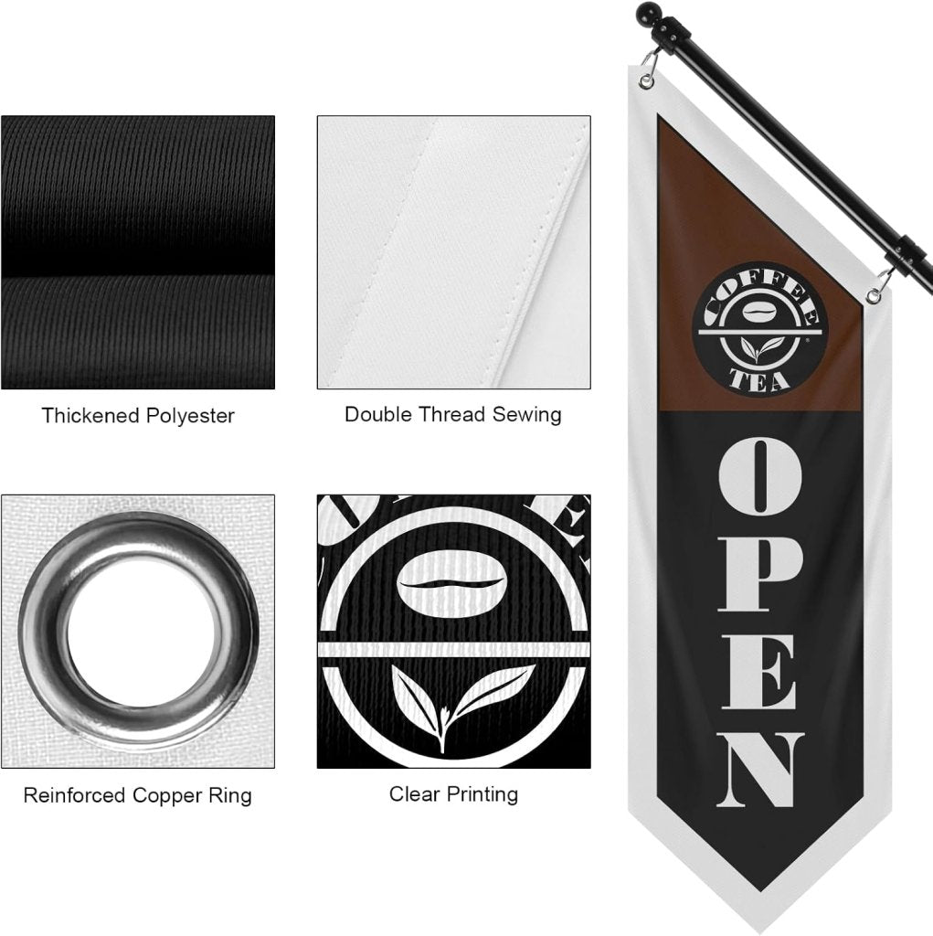 Coffee Open Flag, Double - Sided Three - ply Hanging Open Sign with Pole and Mounting Kit（Black - B）