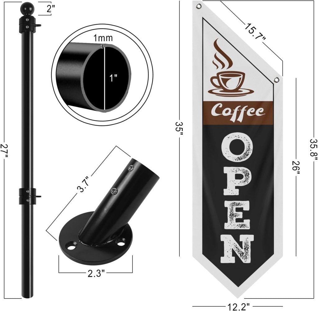 Coffee Open Flag, Double - Sided Three - ply Hanging Open Sign with Pole and Mounting Kit（Black - B）