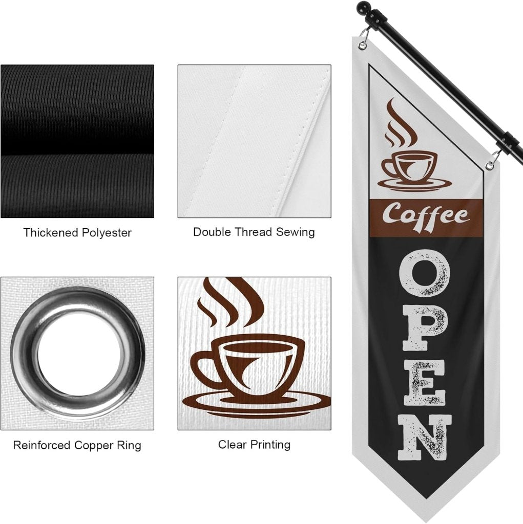 Coffee Open Flag, Double - Sided Three - ply Hanging Open Sign with Pole and Mounting Kit（Black - B）