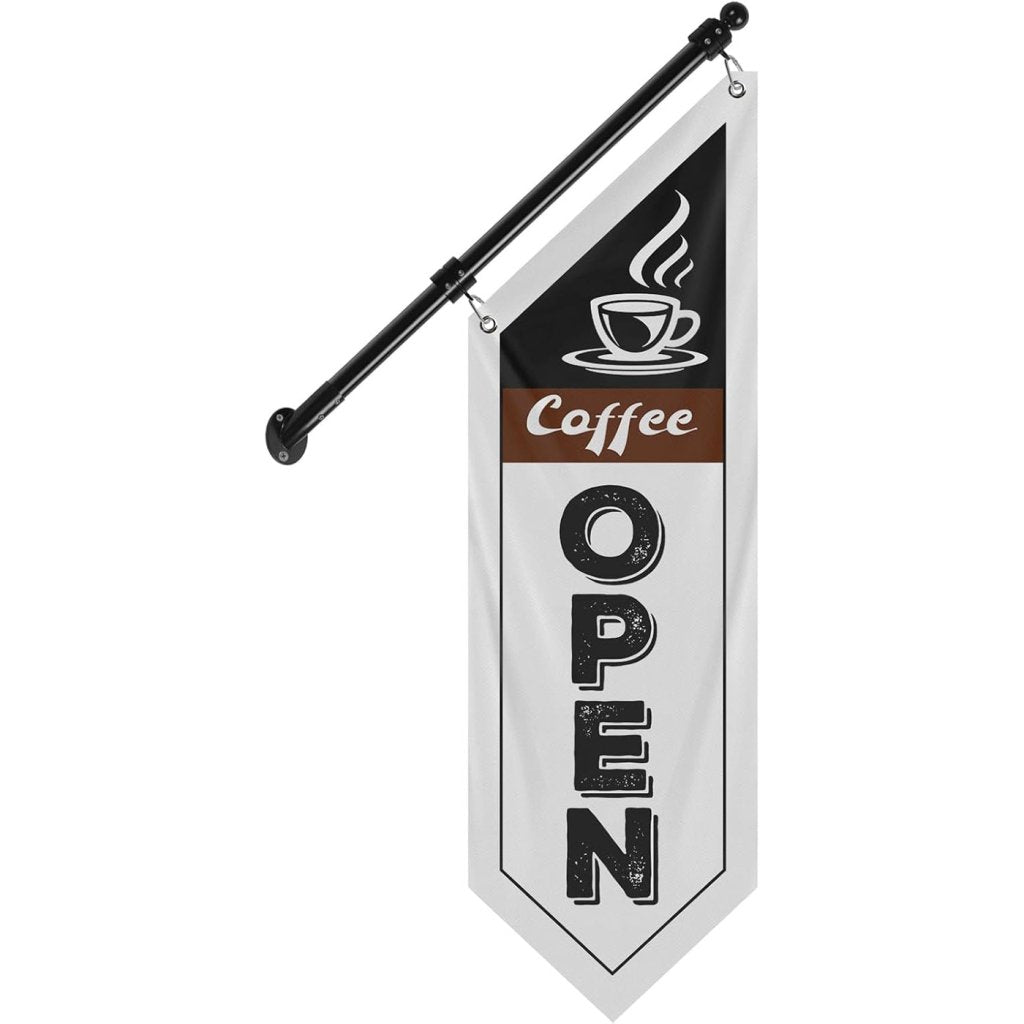 Coffee Open Flag, Double - Sided Three - ply Hanging Open Sign with Pole and Mounting Kit（White - B）