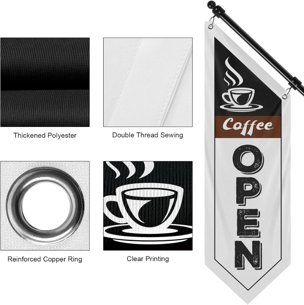 Coffee Open Flag, Double - Sided Three - ply Hanging Open Sign with Pole and Mounting Kit（White - B）