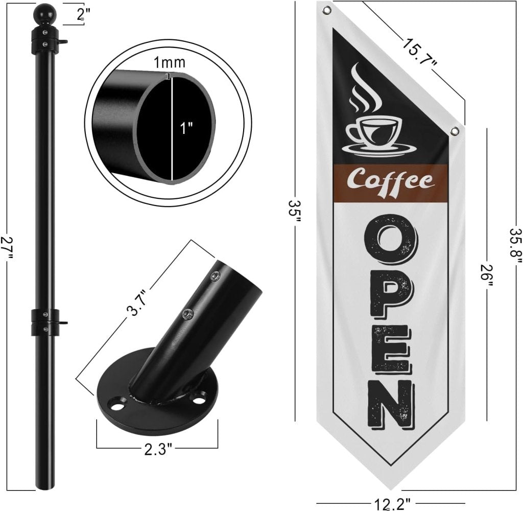 Coffee Open Flag, Double - Sided Three - ply Hanging Open Sign with Pole and Mounting Kit（White - B）