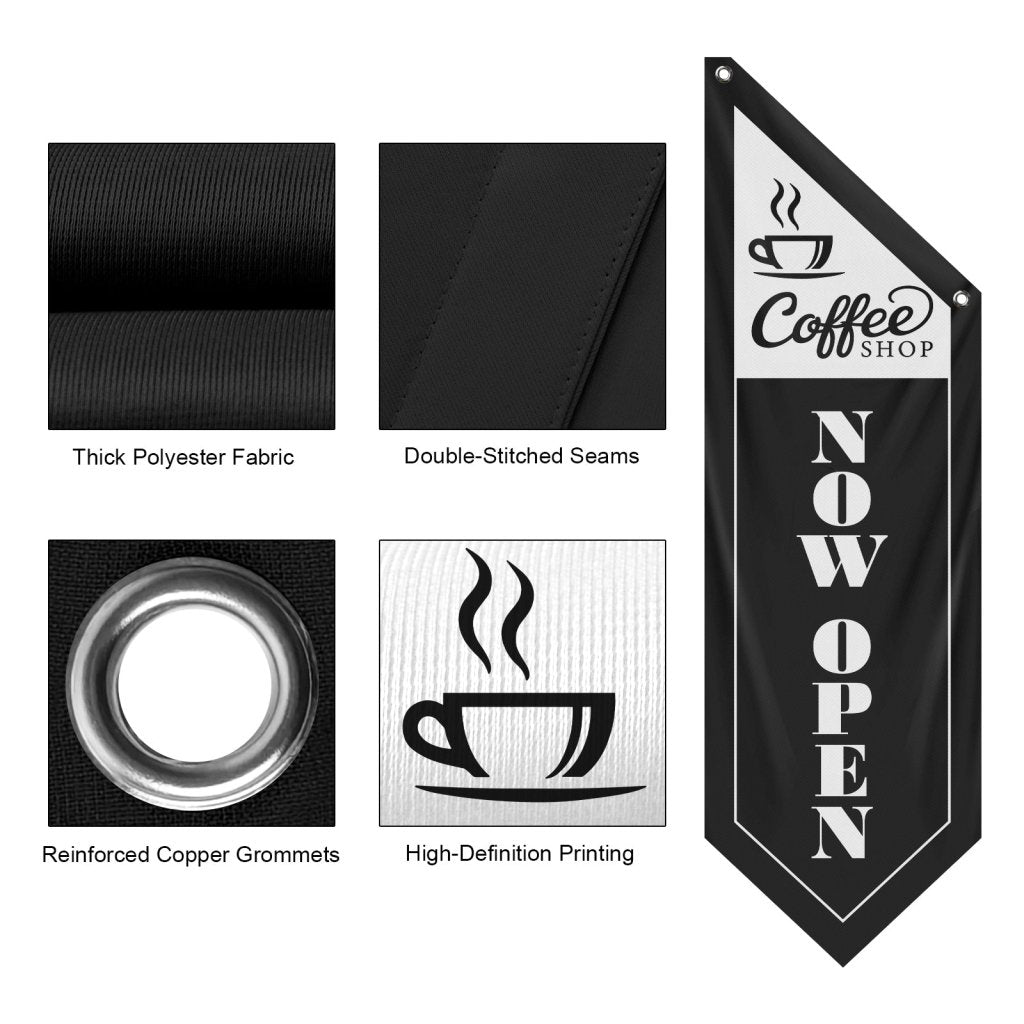 Coffee Shop Now Open Flag, Double Sided Cottage Banner Only, Black