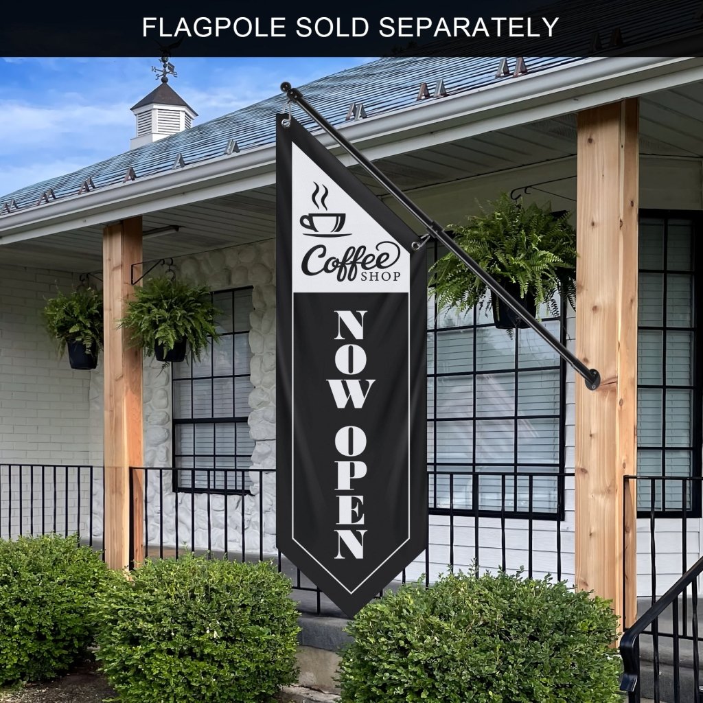 Coffee Shop Now Open Flag, Double Sided Cottage Banner Only, Black