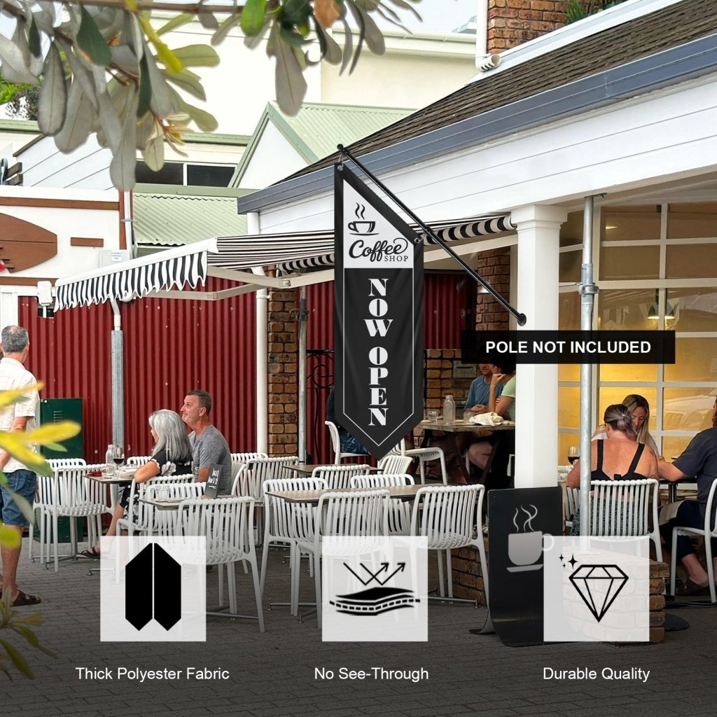 Coffee Shop Now Open Flag, Double Sided Cottage Banner Only, Black