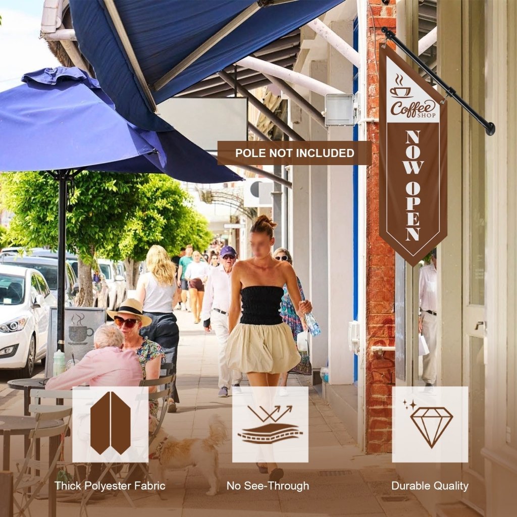Coffee Shop Now Open Flag, Double Sided Cottage Banner Only, Brown