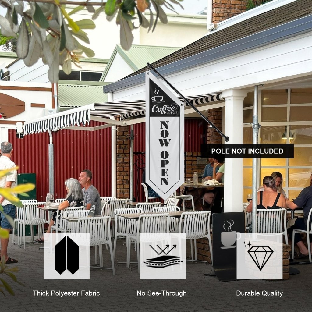 Coffee Shop Now Open Flag, Double Sided Cottage Banner Only, White