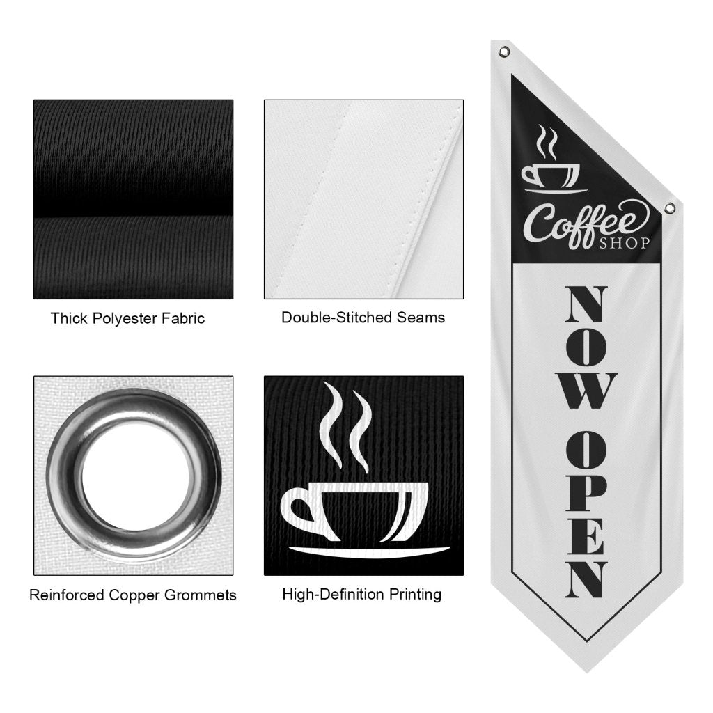 Coffee Shop Now Open Flag, Double Sided Cottage Banner Only, White