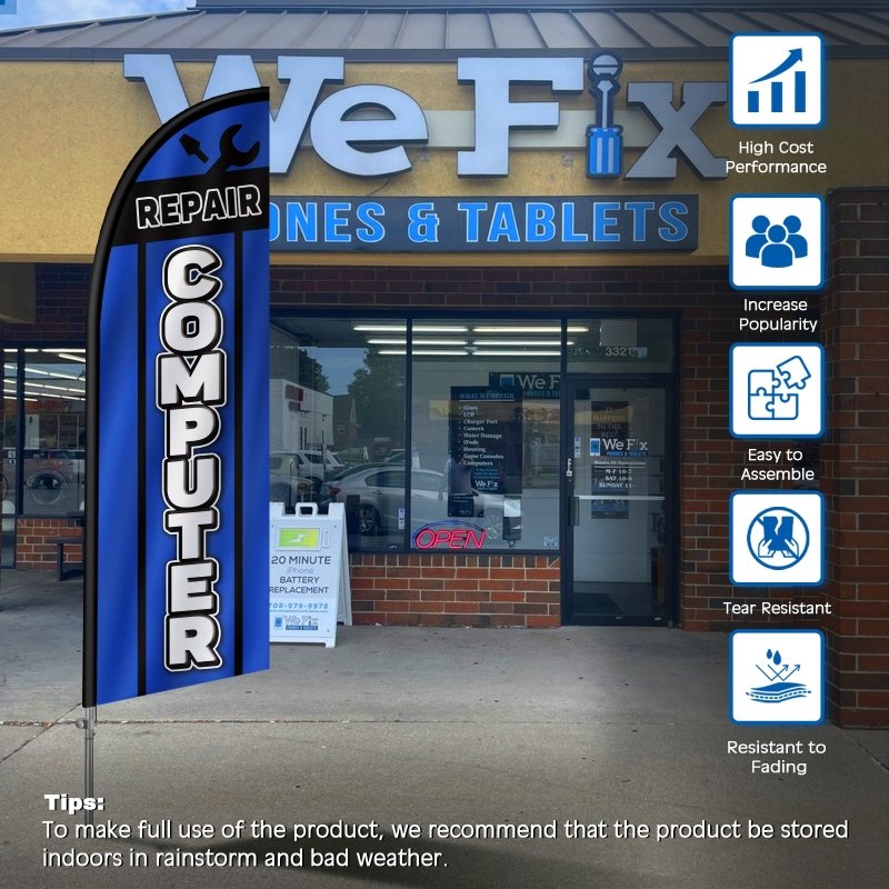 Computer Repair Sign - 8FT Computer Repair 01 Banner Feather Flag with Stainless Steel Pole Kit(2m flag set)