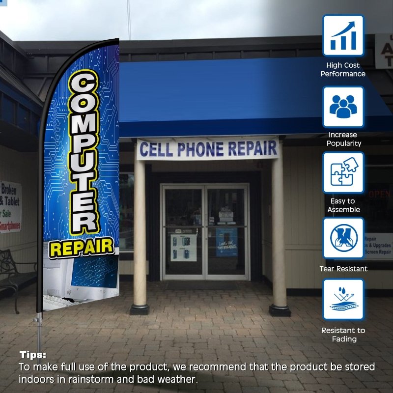 Computer Repair Sign - 8FT Computer Repair Banner Feather Flag with Stainless Steel Pole Kit(2m flag set)