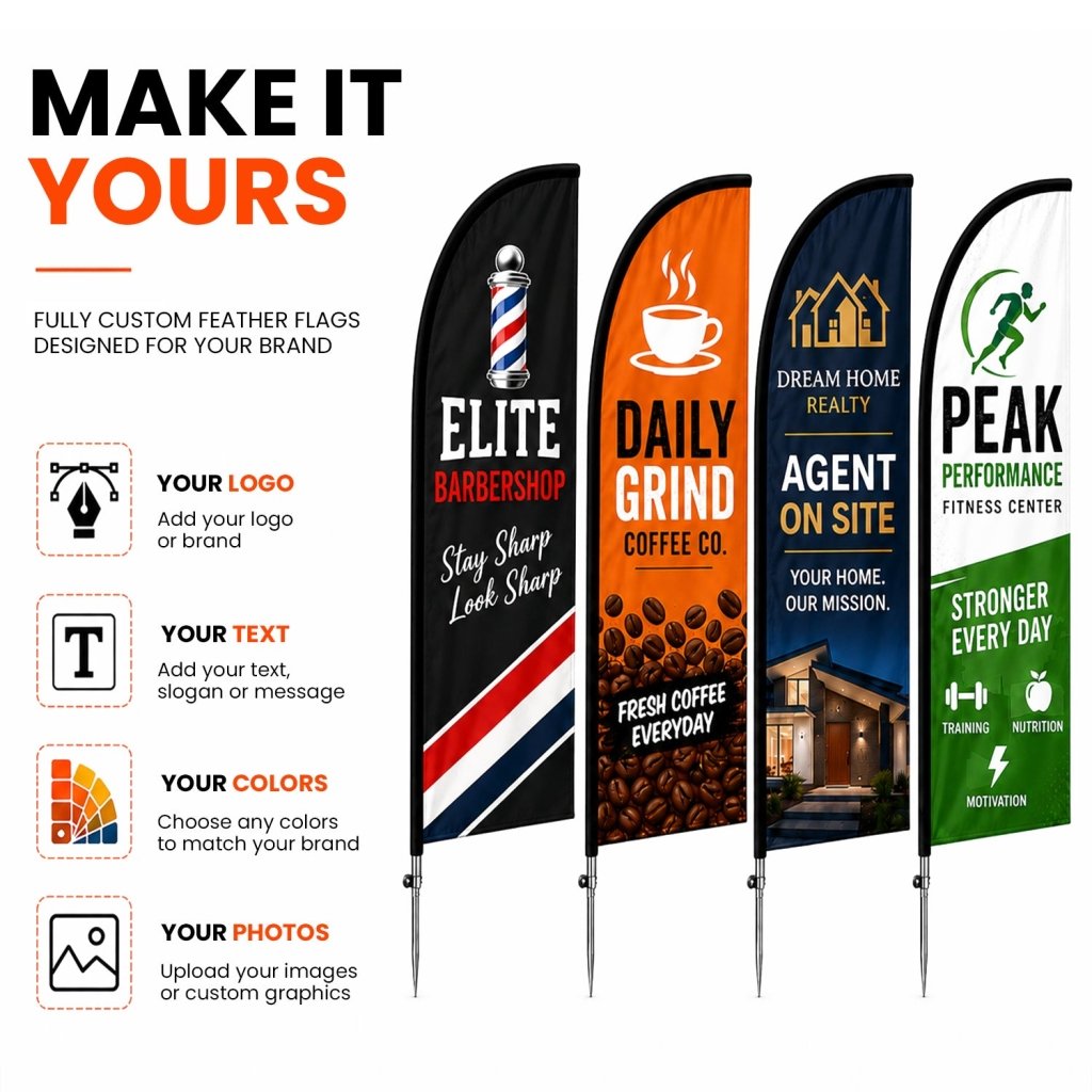 Custom 8 FT Feather Flag Banner with Stainless Steel Pole Set, Ground Stake and Storage Bag