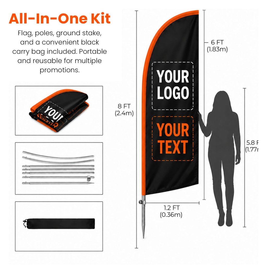 Custom 8 FT Feather Flag Banner with Stainless Steel Pole Set, Ground Stake and Storage Bag