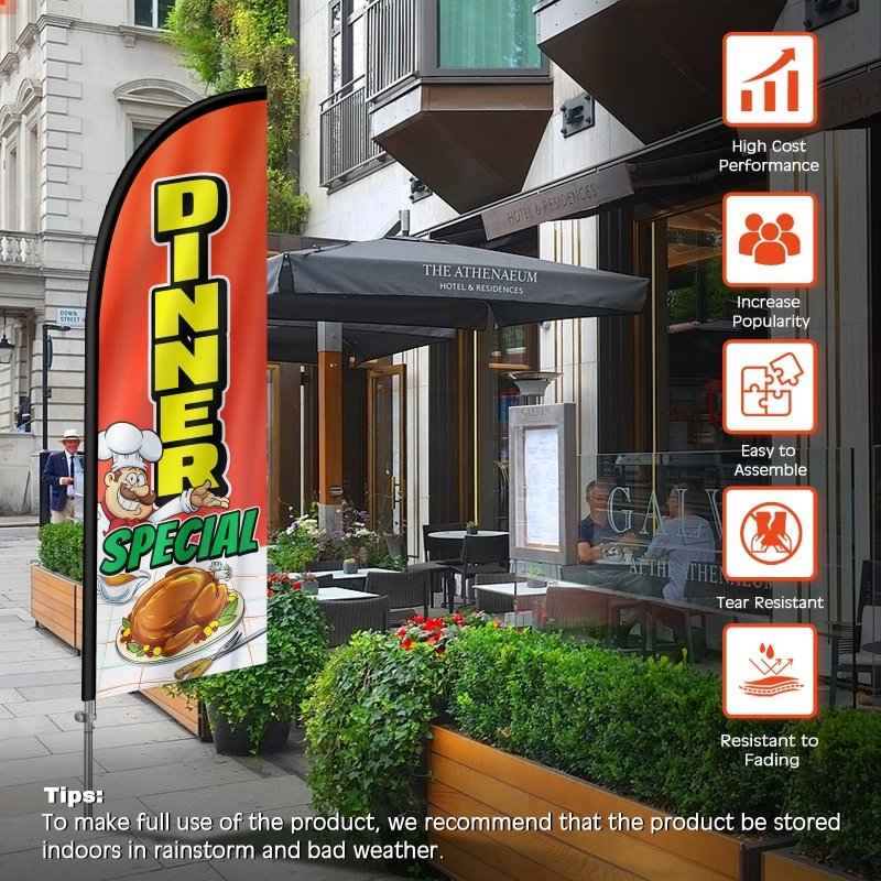 Dinner Special Sign - 8FT Dinner Special Banner Feather Flag with Stainless Steel Pole Kit(2m flag set)