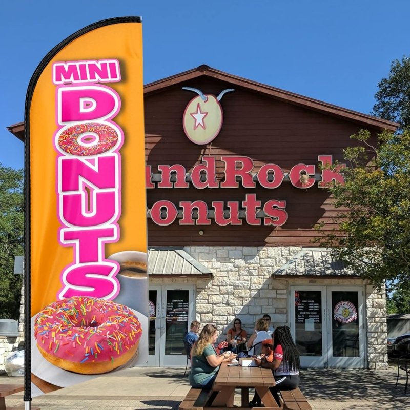 Donut Sign - 11 FT Mini Donuts Orange Signs Featehr Flag and Pole Kit(3.4m)