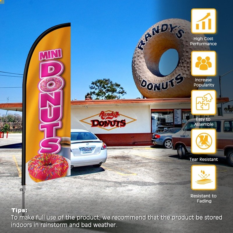 Donut Sign - 8FT Mini Donuts Orange Feather Flag with Stainless Steel Pole Kit(2m flag set)