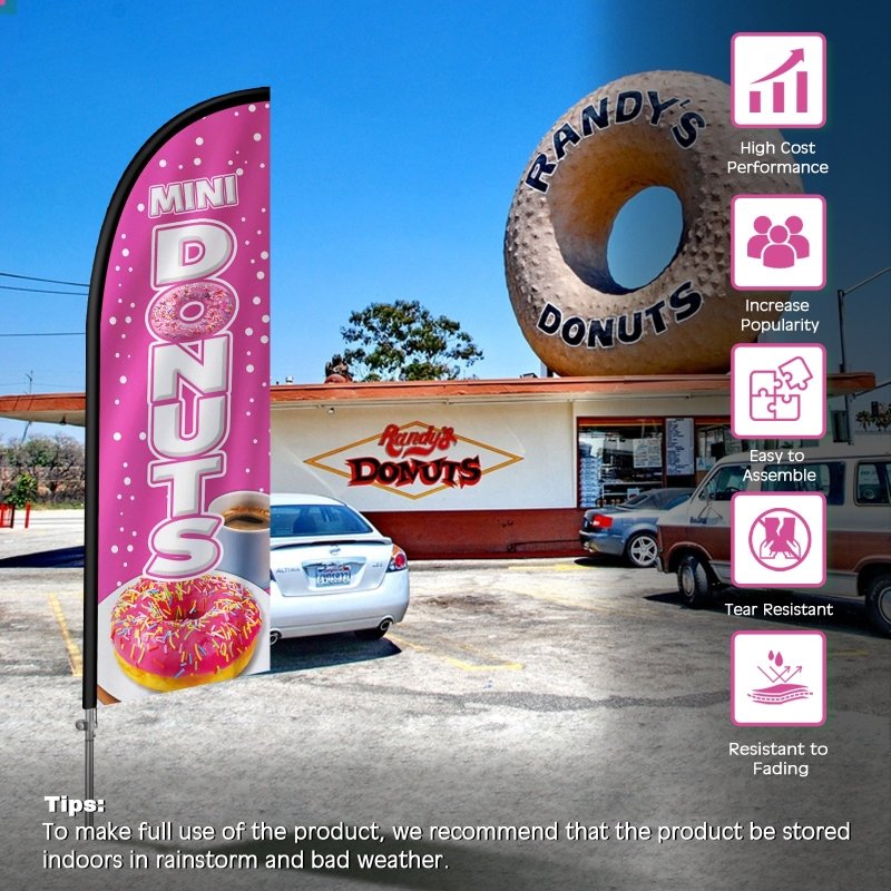 Donut Sign - 8FT Mini Donuts Pink Feather Flag with Stainless Steel Pole Kit(2m flag set)
