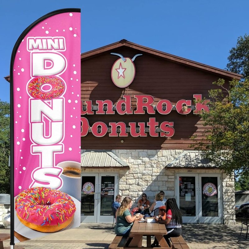 Donuts Sign - 11 FT Windless Mini Donuts Feather Flag with Flagpole/Ground Stake(3.4m)