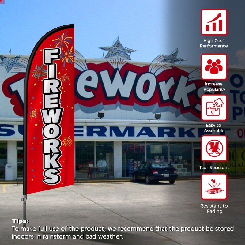 Fireworks Flag - 8FT Fireworks Banner Feather Flag with Stainless Steel Pole Kit(2m flag set)