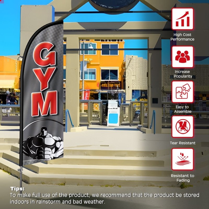 Gym Flags - 8FT Gym Banner Feather Flag with Stainless Steel Pole Kit(2m flag set)