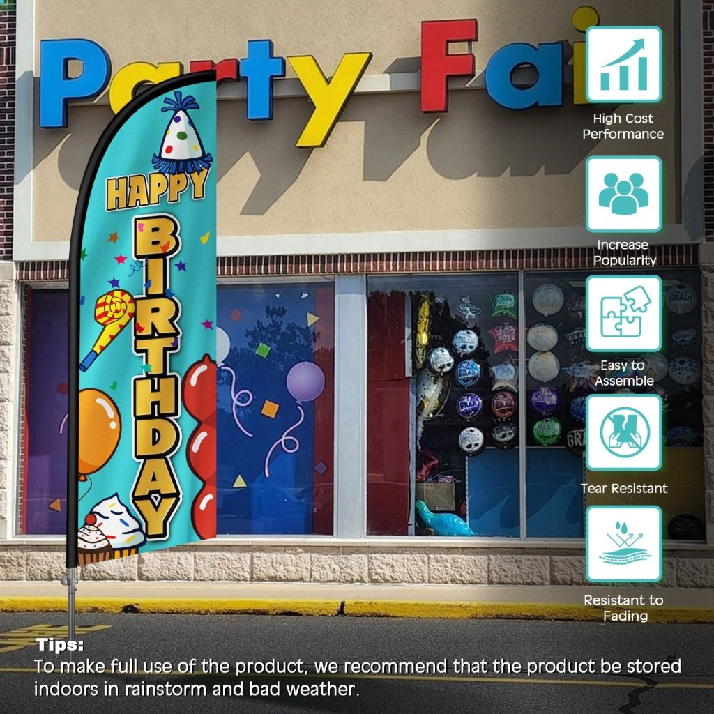 Happy Birthday FLAG - 8FT Happy Birthday Feather Flag with Stainless Steel Pole Kit(2m flag set)