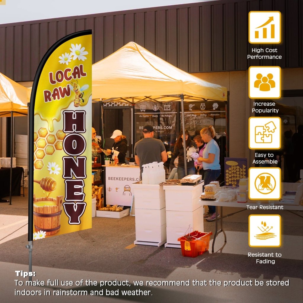 Honey Sign - 8FT Local Raw Honey Feather Flag with Stainless Steel Pole Kit(2m flag set)