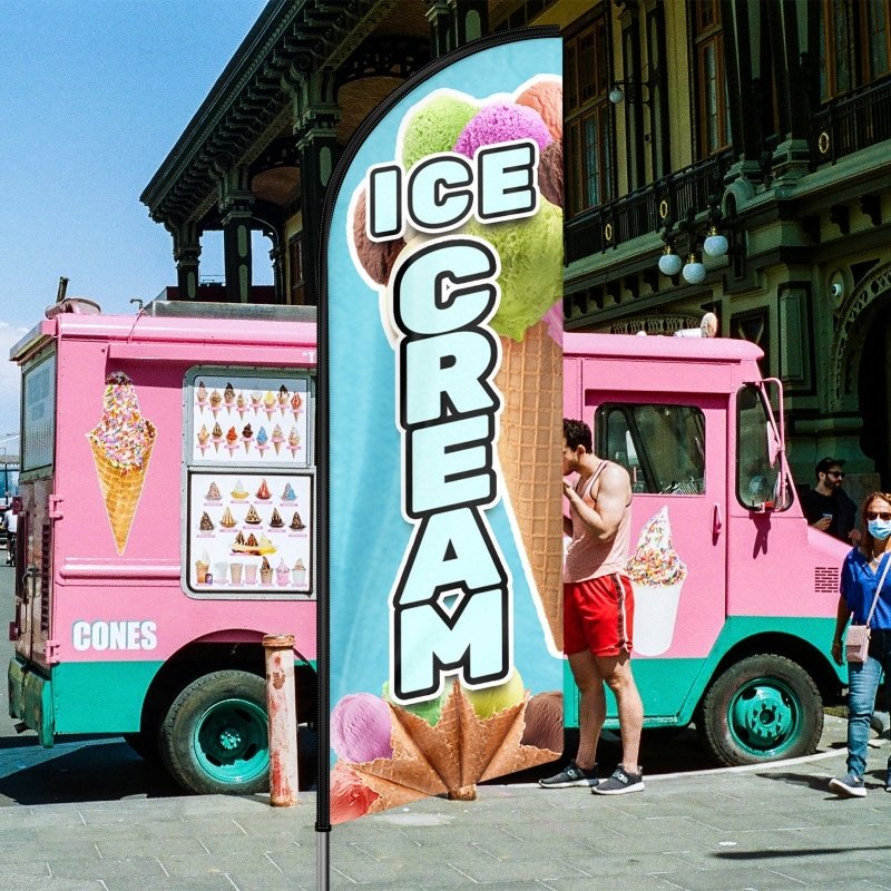 Ice Cream Shop Sign - 11FT Windless Feather Flag with Flagpole/Ground Stake/Portable Bag(3.4m)