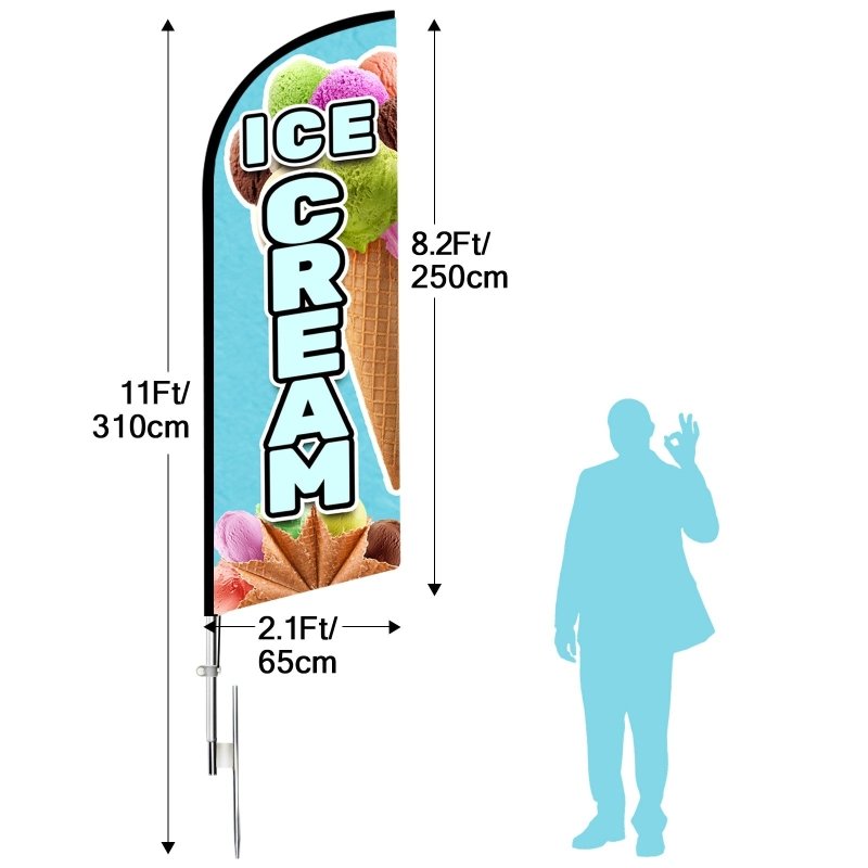 Ice Cream Shop Sign - 11FT Windless Feather Flag with Flagpole/Ground Stake/Portable Bag(3.4m)