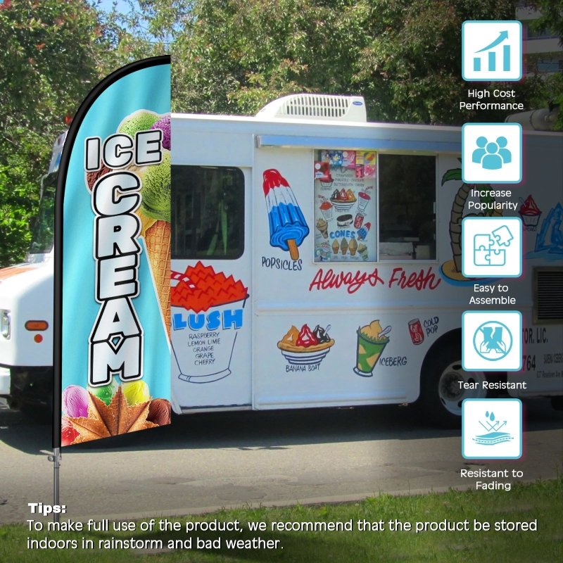 Ice Cream Signs - 8FT Ice Cream Blue Feather Flag with Stainless Steel Pole Kit(2m flag set)
