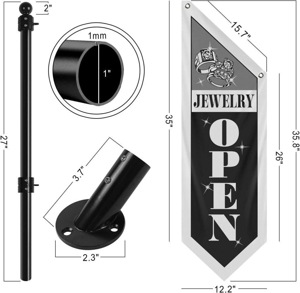 Jewelry Open Flag, Double - Sided Three - ply Hanging Open Sign with Pole and Mounting Kit (Black - B)