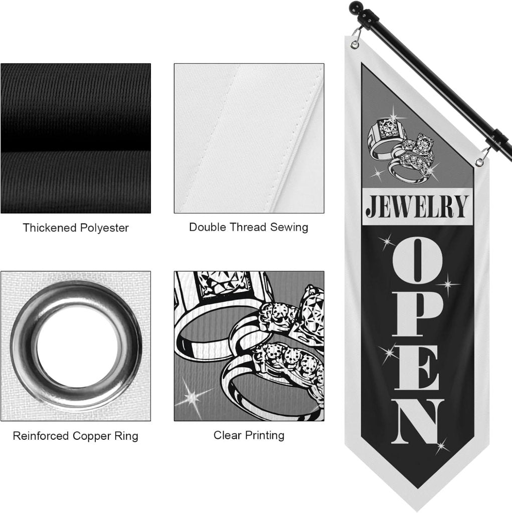 Jewelry Open Flag, Double - Sided Three - ply Hanging Open Sign with Pole and Mounting Kit (Black - B)