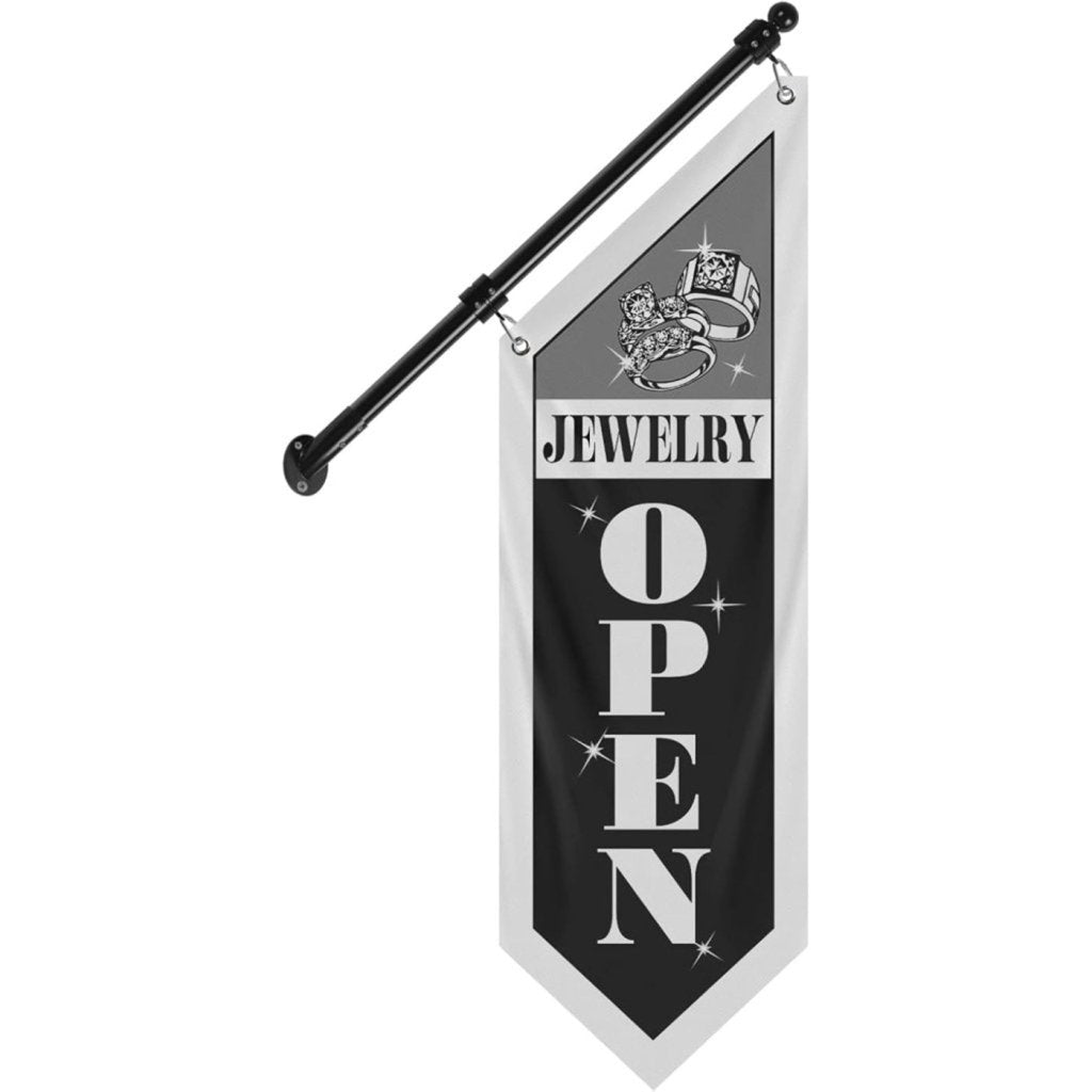 Jewelry Open Flag, Double - Sided Three - ply Hanging Open Sign with Pole and Mounting Kit (Black - B)