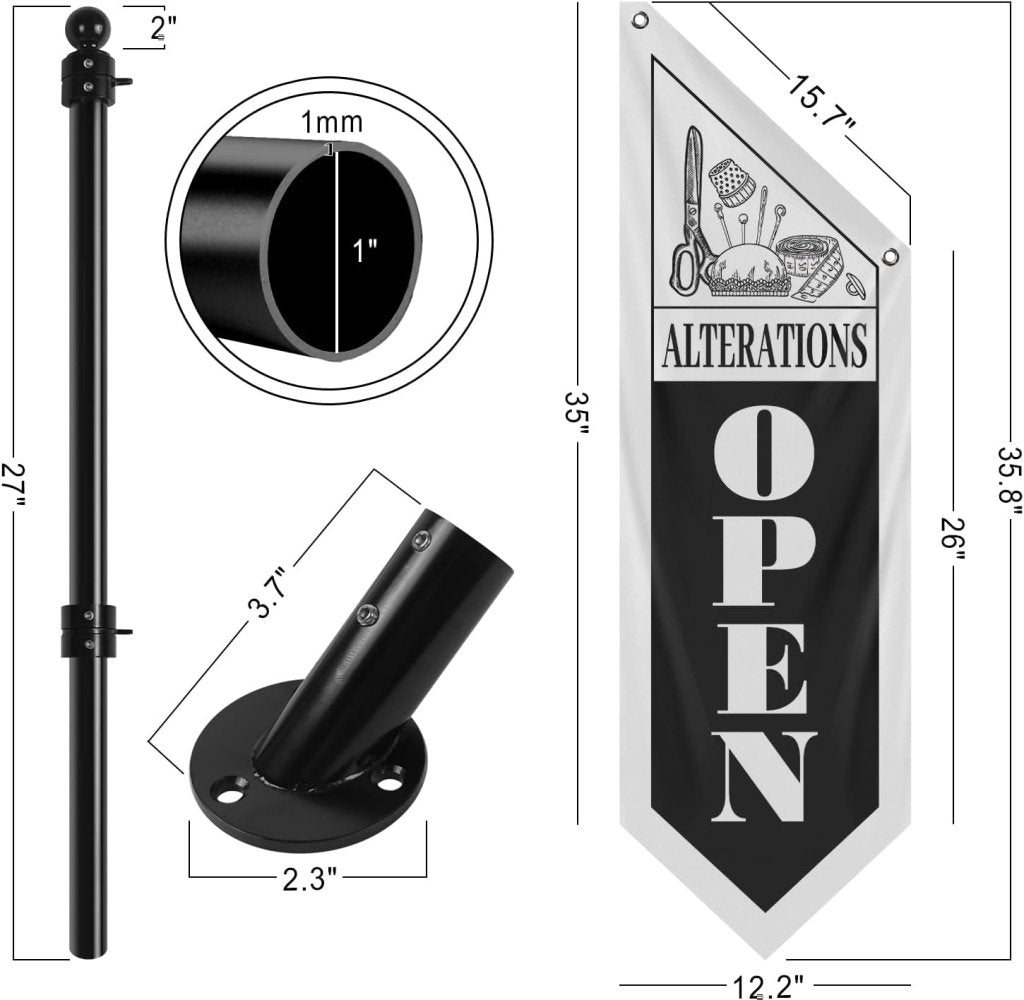 Jewelry Open Flag, Double - Sided Three - ply Hanging Open Sign with Pole and Mounting Kit (White - B )