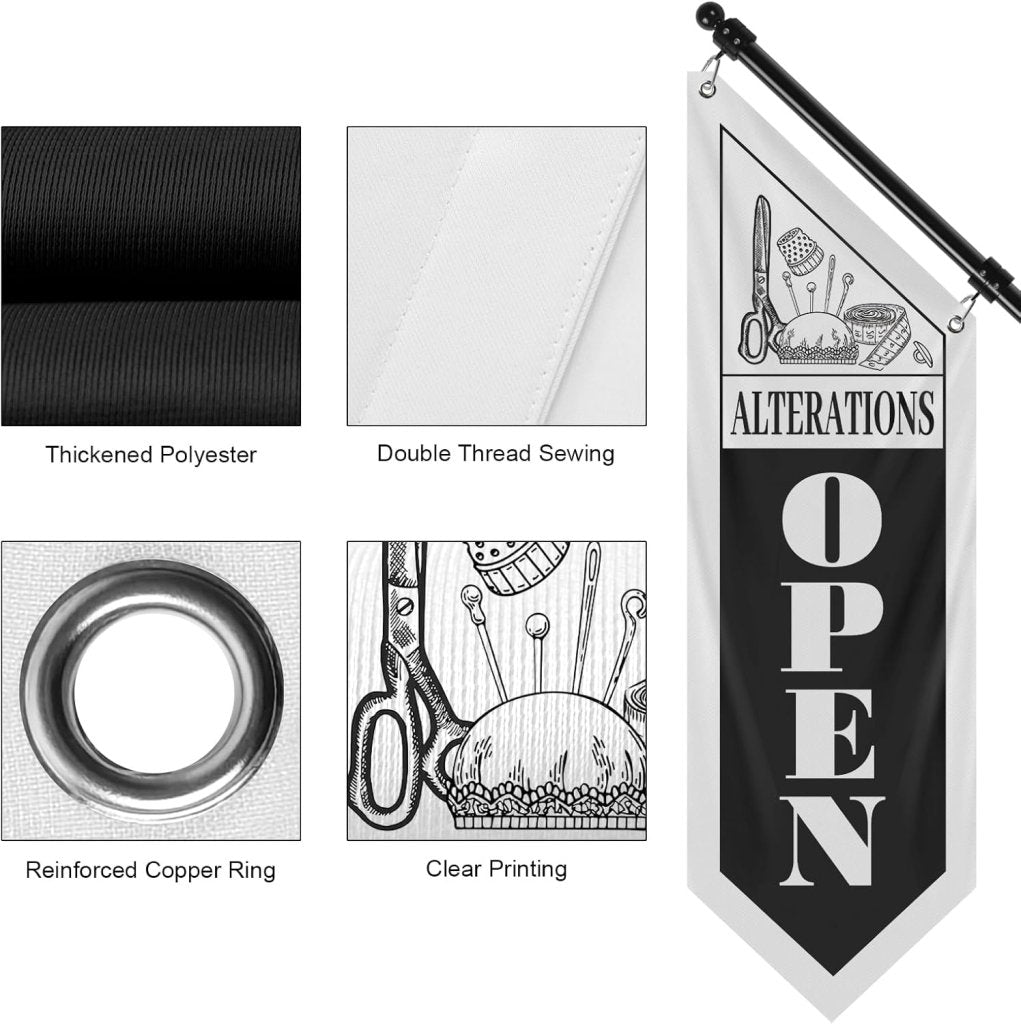 Jewelry Open Flag, Double - Sided Three - ply Hanging Open Sign with Pole and Mounting Kit (White - B )