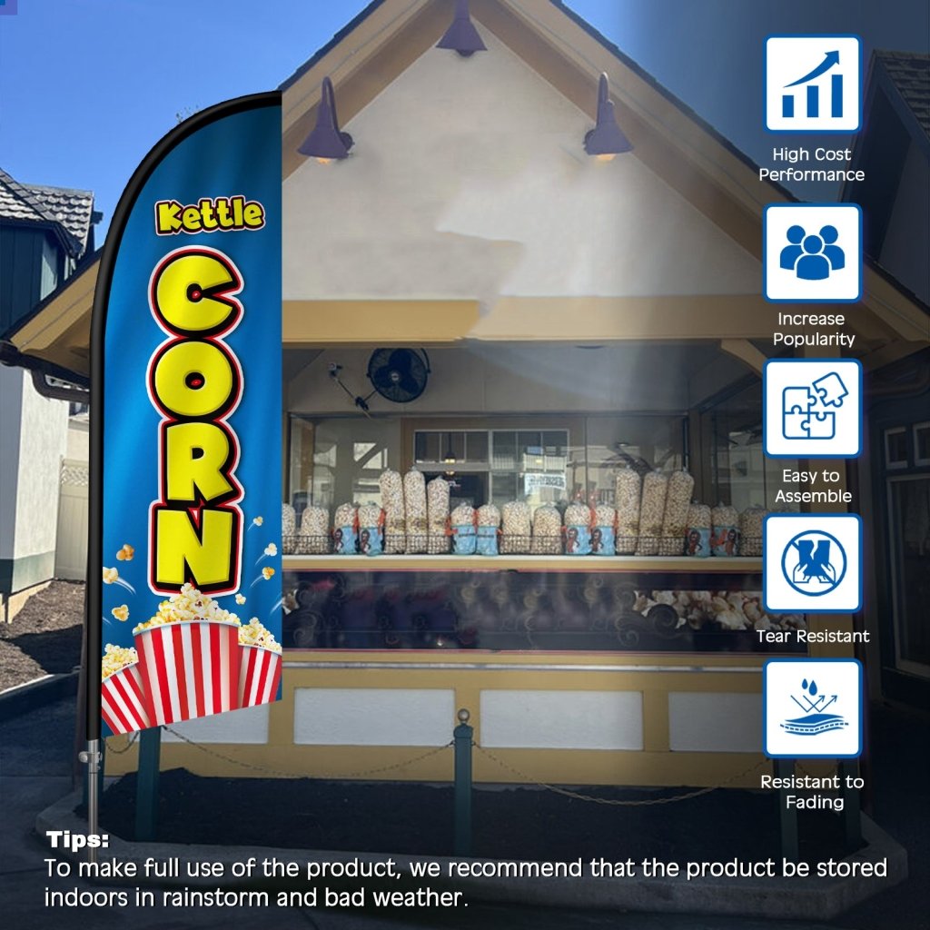 Kettle Corn Flags - 8FT Kettle Corn Blue Feather Flag with Stainless Steel Pole Kit(2m flag set)