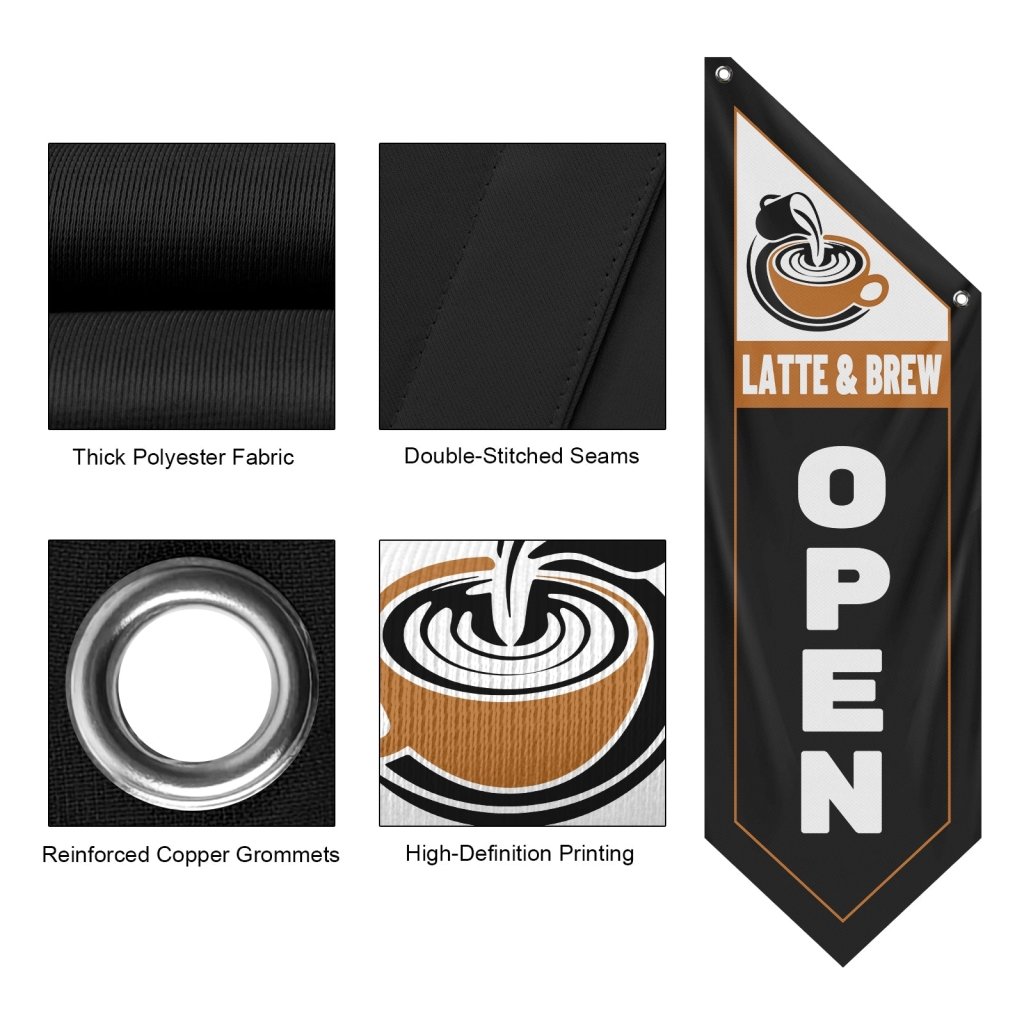 Latte & Brew Open Banner for Coffee Shop Cafe Owners, Black(Flag Only)