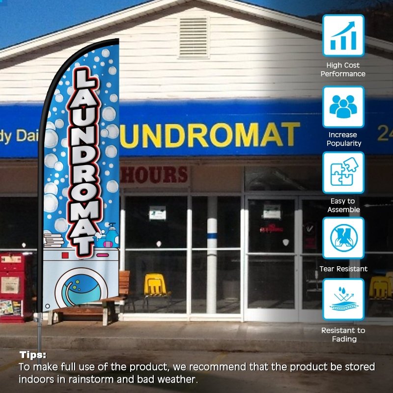 Laundromat Signs - 8FT Laundromat Banner Feather Flag with Stainless Steel Pole Kit(2m flag set)