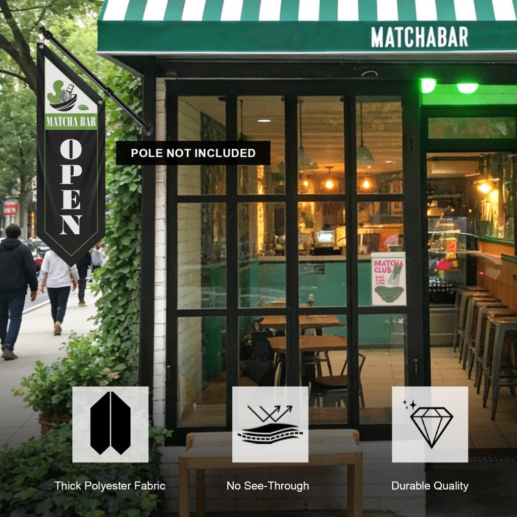 Matcha Bar Open Flag – Double - Sided Vintage Banner, Black (Flag Only)
