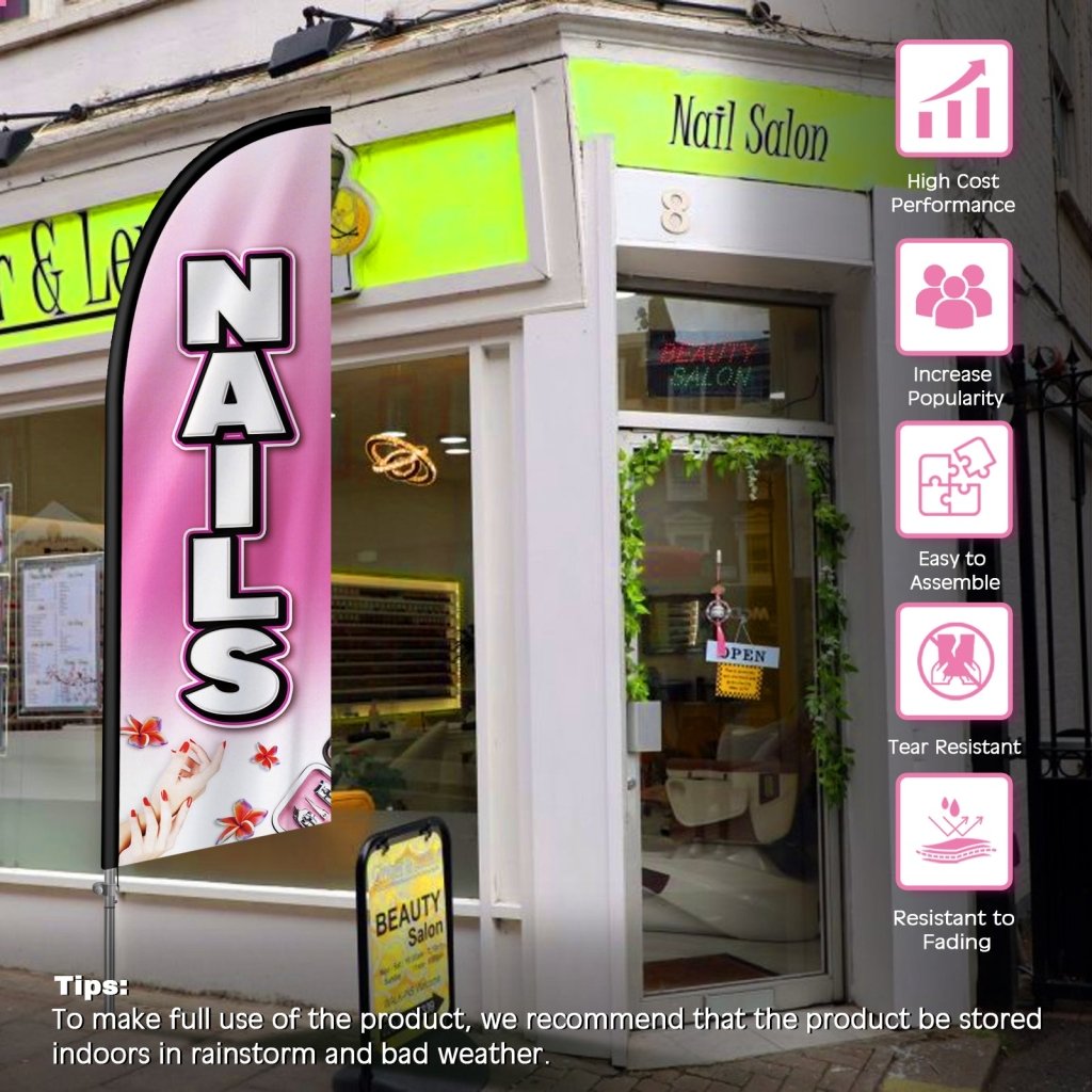 Nail Shop Sign - 8FT Nails Banner Feather Flag with Stainless Steel Pole Kit(2m flag set)
