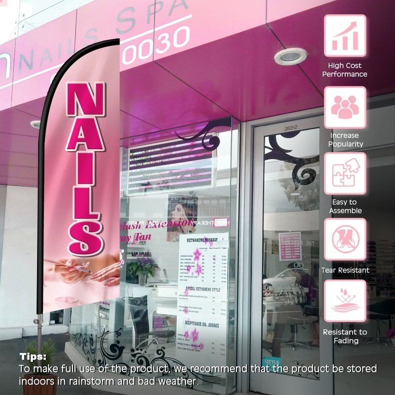 Nail Shop Sign - 8FT Nails Pink Feather Flag with Stainless Steel Pole Kit(2m flag set)