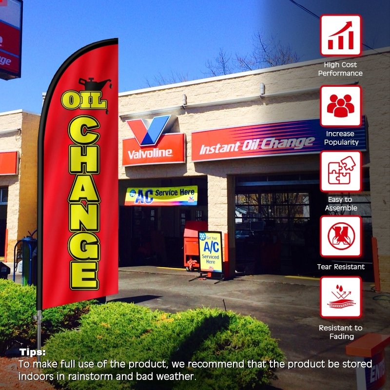 Oil Change Sign - 8FT Oil Change Banner Feather Flag with Stainless Steel Pole Kit(2m flag set)