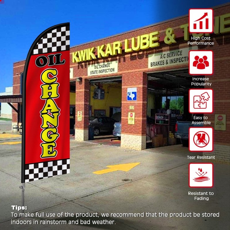 Oil Change Sign - 8FT Oil Change Red Feather Flag with Stainless Steel Pole Kit(2m flag set)