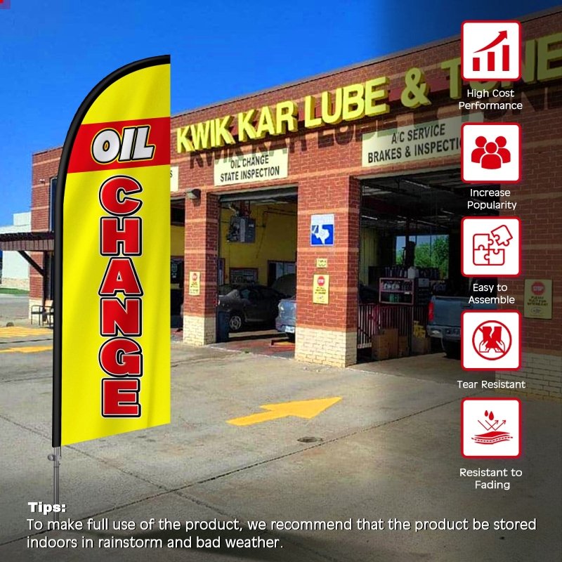 Oil Change Sign - 8FT Oil Change Yellow Feather Flag with Stainless Steel Pole Kit(2m flag set)